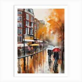 Amsterdam cafes, autumn season, rain, autumn oil colours.Faded colours,People passing on the street, winter clothes, rain umbrellas.4 4 Art Print