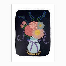 Posy of flowers in a vintage vase On A Dark Blue Backgrond Art Print