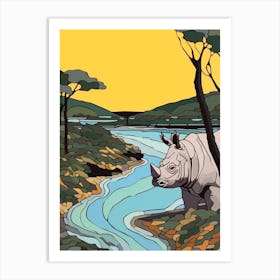 Simple Line Illustration Rhino By The River 1 Art Print