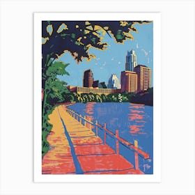 Lady Bird Lake And The Boardwalk Austin Texas Colourful Blockprint 2 Art Print