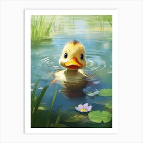 Cute Cartoon Duckling Swimming In The Pond 4 Art Print
