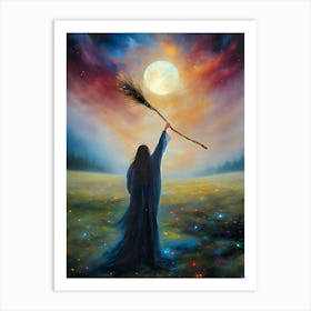 Hail the Lunar Goddess! Full Color - Witchy Art Work by John Arwen Full Moon Pagan Witch Broomstick Hecate Hekate Diana Summer Fields Colorful Aesthetic Women Healing Empowerment Spellcasting Wicca Wheel of the Year Witches Feature Wall HD Art Print