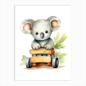 Baby Koala On A Toy Car, Watercolour Nursery 3 Art Print