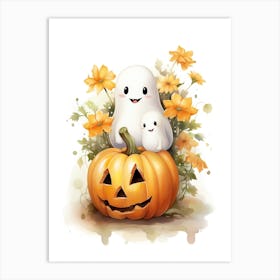 Cute Ghost With Pumpkins Halloween Watercolour 71 Art Print