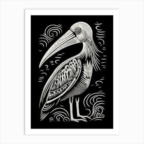 B&W Bird Linocut Pelican 2 Art Print
