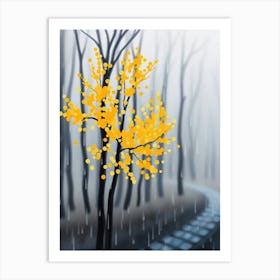 Yellow Tree In The Rain Art Print