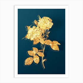 Vintage White Damask Rose Botanical in Gold on Teal Blue n.0350 Art Print