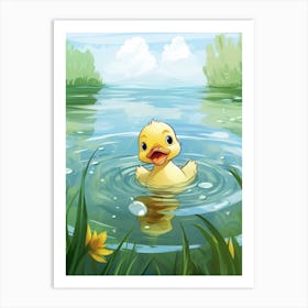 Cute Cartoon Duckling Swimming In The Pond 3 Art Print