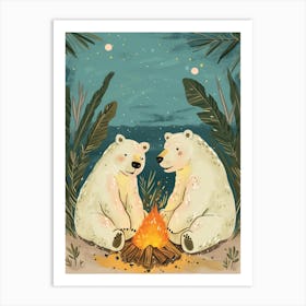 Polar Bear Two Bears Sitting Together By A Campfire Storybook Illustration 3 Art Print