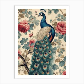 Cream Blue & Blush Pink Peacock Sepia Art Print