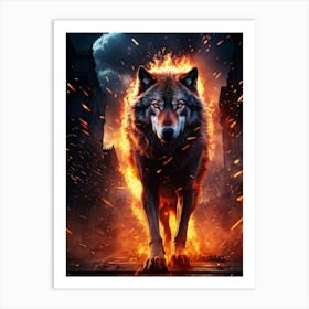 Imposing And Majestic Wolf Stands Tall Engulfed By Wild Fiery Sparks And Wisps Of Electrifying Cr Art Print