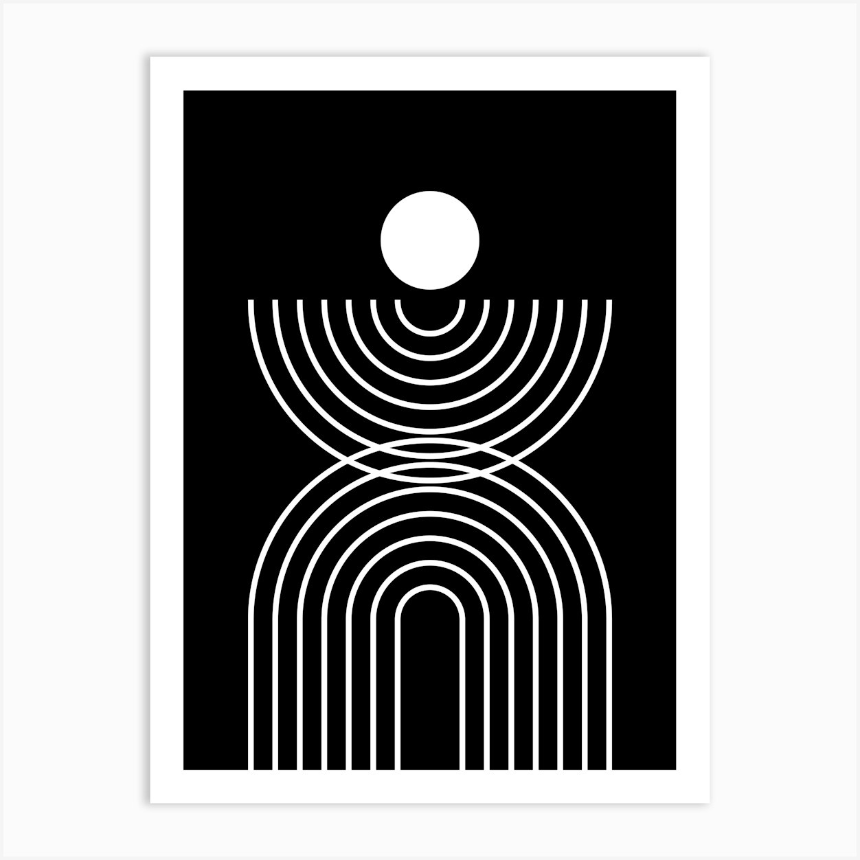 Midcentury Modern Rainbow Arch Sun Abstract A4 In Black White Monochrome 01 Art Print by NineFlorals