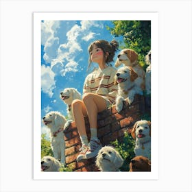 Girl With Dogs Art Print