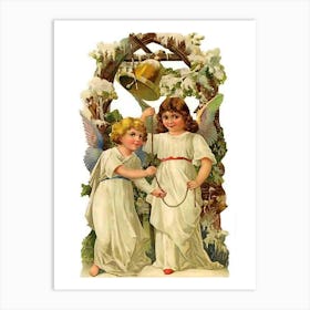 Two Angels Announcing Christmas With Bells Art Print