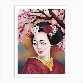 Japanese Geisha Woman Cherry Blossom Art Print