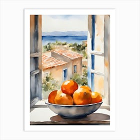 Oranges in a bowl in front of a window Art Print