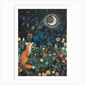 Botanical Country Fox Print | William Morris Painting | Gustav Klimt Wildflowers Artwork for Feature Wall | Pagan Moonlight Crescent Moon and Stars | Starry Night in HD 1 Art Print