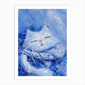 White Cat In Blue Water Art Print