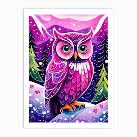 Pink Owl Snowy Landscape Painting (252) Art Print