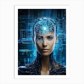 Abstract Painting Of A Cybernetic Human Head Integrating Seamlessly With A Futuristic Security Conce (1) Art Print