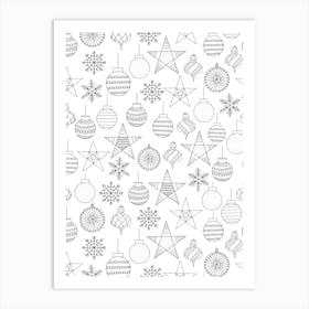 Line Art Stars and Christmas Ornaments Black and White Color In Yourself Art Print