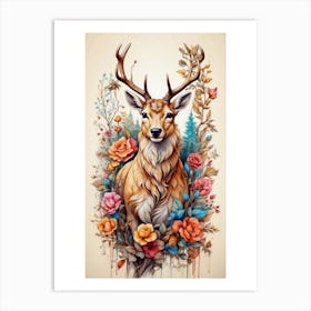 Deer With Flowers Art Print