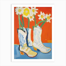 Painting Of Cowboy Boots With Daffodils, Pop Art Style 1 Art Print