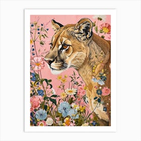 Floral Animal Painting Mountain Lion 4 Art Print