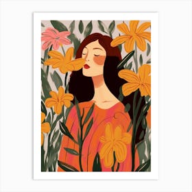 Woman With Autumnal Flowers Gloriosa Lily 2 Art Print
