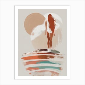 Long-Haired Woman Staring At The Waves - Abstract Minimal Boho Beach Art Print