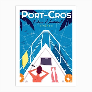 Port Cros Hyeres Poster Blue & White Art Print