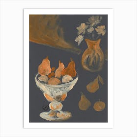 Fruits In A Vase - gray beige orange vertical still life kitchen food floral flower hand painted Art Print