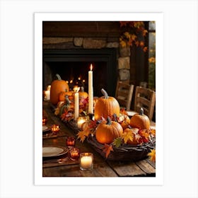 Autumn Table Decoration Cascading Leaves Of Warm Hues Rest Atop Smooth Pumpkins With Textured Exter Art Print