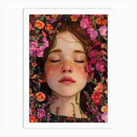 Sleeping Girl In Meadow. Gustav Klimt Style Art Print