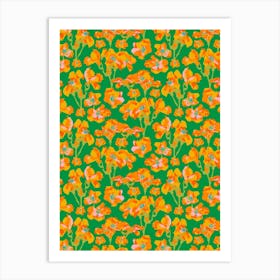 WILD ROSES Abstract Floral Summer Bright Rose Garden in Orange Yellow Blue Lime Green on Kelly Green Art Print