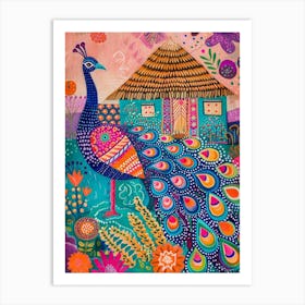 Peacock Outside A Thatched Cottage Illustration 1 Art Print