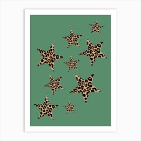 Leopard Print Stars Galaxy Pattern on Green Art Print