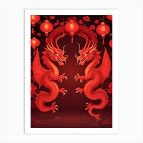 Two Red Dragons With Lanterns Facing Each Other Art Print