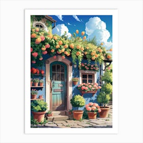 Anime Canvas Art: Rustic House with Lush Potted Flowers, Blue Facade, and Wooden Door, Perfect for Lofi Aesthetic and Botanical Art Lovers. Art Print