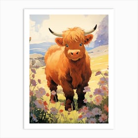Animated Sweet Highland Cow With Flowers Art Print