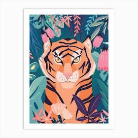Tiger Portrait With Florals On Green Art Print
