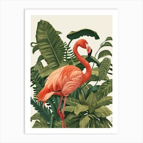 Andean Flamingo And Philodendrons Minimalist Illustration 4 Art Print