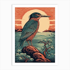 Vintage Bird Linocut Green Heron 3 Art Print