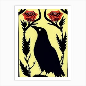 Raven Crow Roses Bird Flowers Ornate Art Print