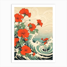 Great Wave With Morning Glory Flower Drawing In The Style Of Ukiyo E 3 Art Print