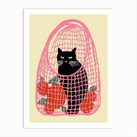 Black Cat In A Pink Bag With Oranges Art Print