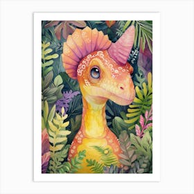 Teal Pastels Parasaurolophus Dinosaur In The Jungle 1 Art Print