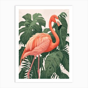 American Flamingo And Philodendrons Minimalist Illustration 1 Art Print