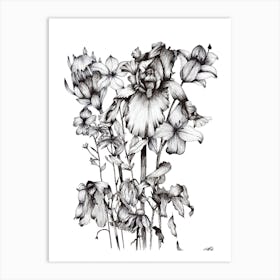 Black and White Protea and Iris Bouquet Art Print