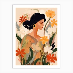 Woman With Autumnal Flowers Flax Flower 3 Art Print
